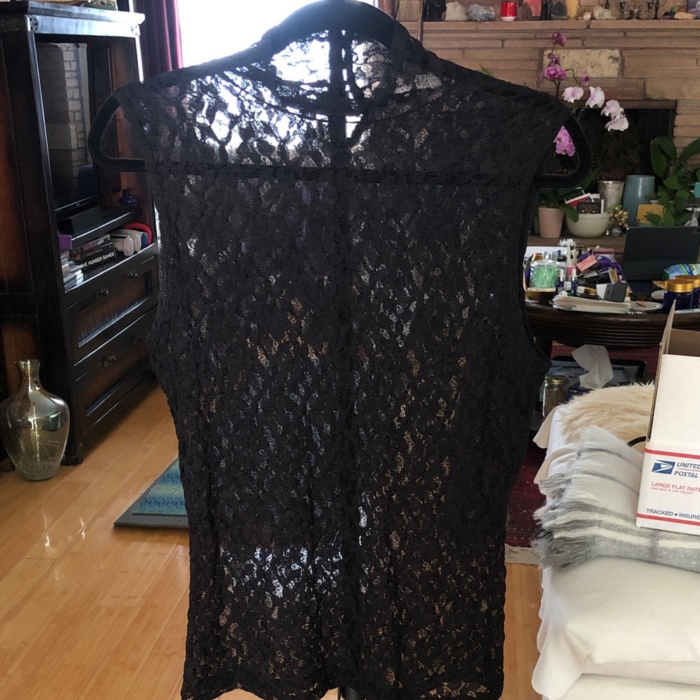 FRAME Sheer Black Lace Sleeveless Top with mandarin collar button up in back.